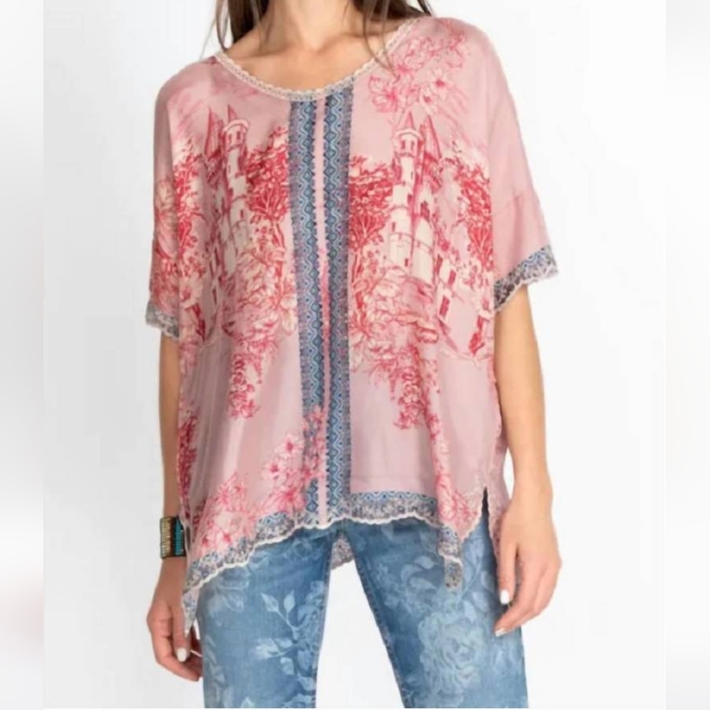Johnny Was Blouse House Halsey Pink Silk Toile Short Sleeve Size 1XL NEW